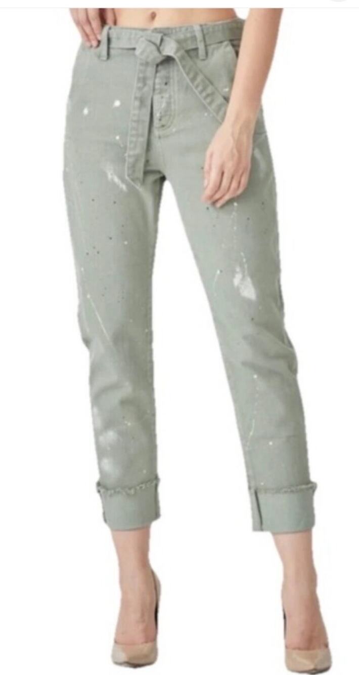 Risen Jeans - Paint Splatter Olive Green Slouch Cropped Jeans - Size 11